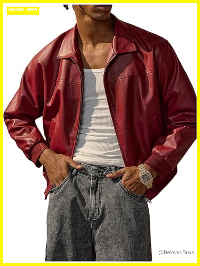 Men's Vintage Leather Jacket Zip Up Long Sleeve Collared Outwear With Pockets